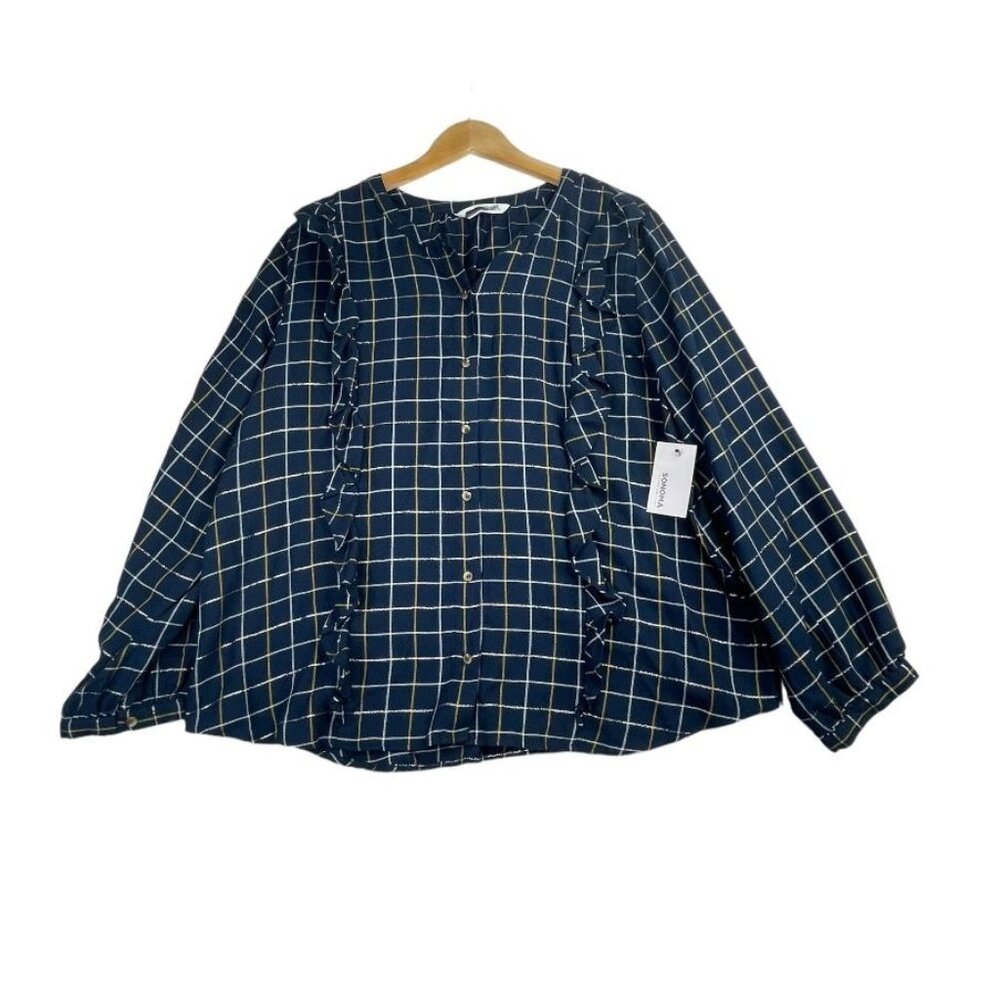 New‎ Sonoma Plaid Button Down Top size XXL Blue/Silver/Gold